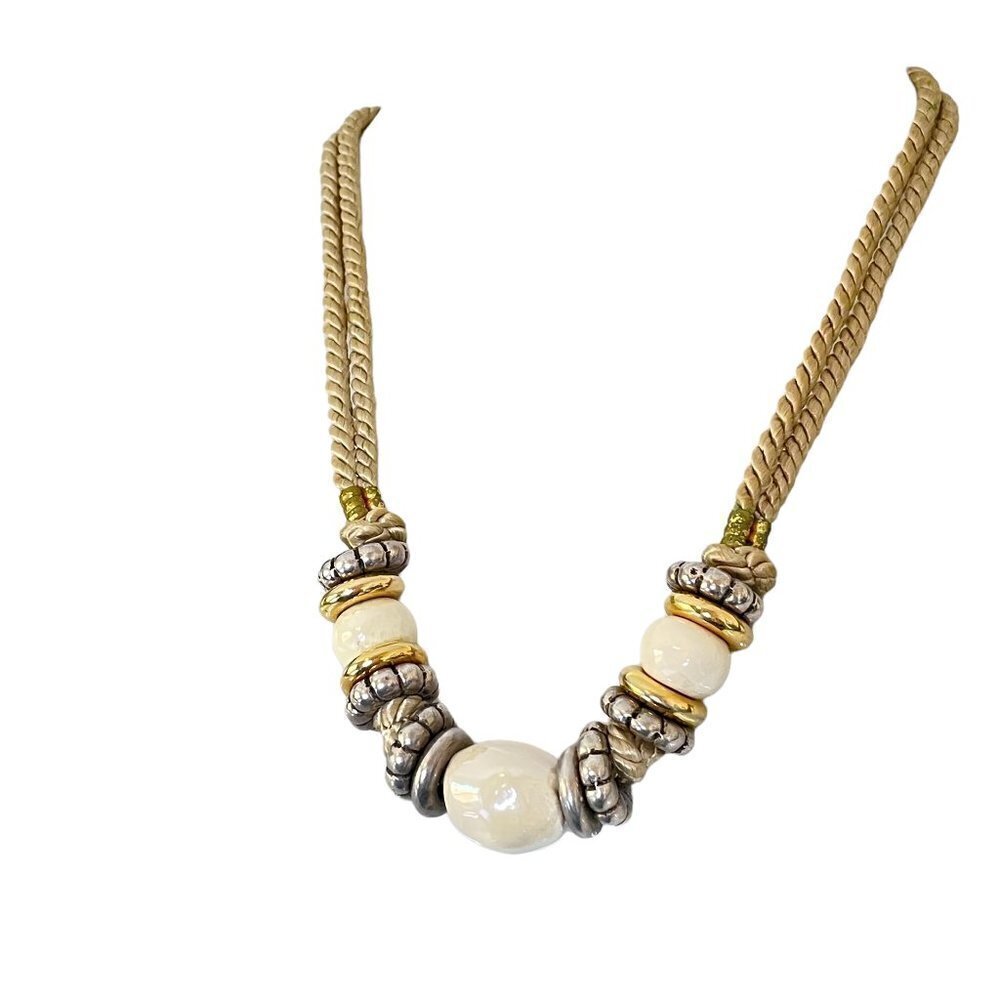 Pearl Color Glass Bead Necklace with Gold Cord and Metal Embellishments